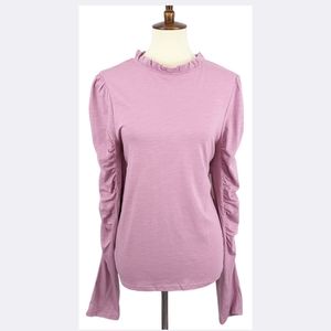 🆕 Anthropologie Maeve Ruched Sleeve Ruffle Mock Neck Top in Mauve